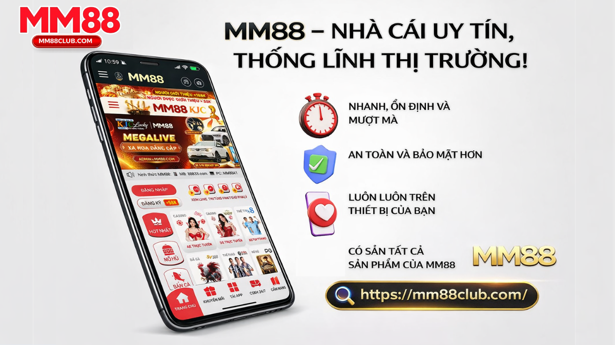 Giao diện MM88 trên điện thoại với casino trực tuyến, nổ hũ, thể thao và bắn cá
